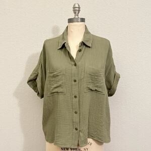 MADEWELL Lightspun Beachside Shirt Olive Green Dolman Boxy Seersucker